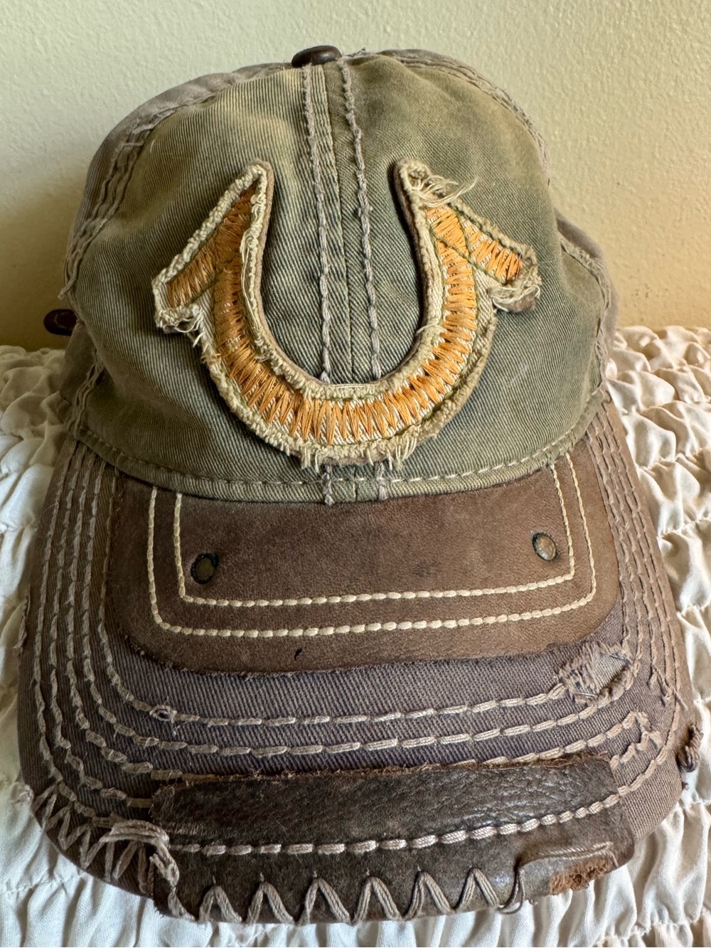 True Religion Distressed Horseshoe & Leather Baseball Hat